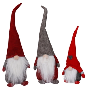 Set of three Nordic Christmas gnomes with grey and red felt hats and white fur beards