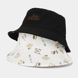 Double-sided cotton bucket hat with durian print and Like Durian embroidery