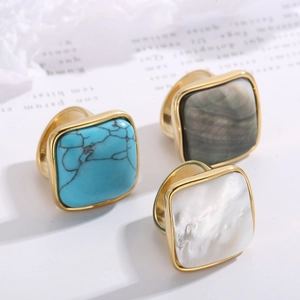 Square Geometric Signet Ring Stainless Steel Gold Plated Mother Of Artificial Pearl Turquoise Statement Jewelry For Women