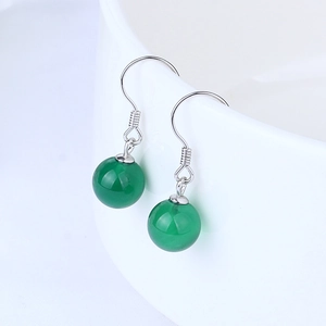 Elegant S925 silver hook earrings with translucent green agate beads on white ceramic