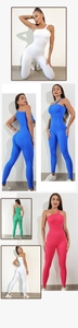 Detail of ribbed seamless one-shoulder yoga jumpsuit in multiple vibrant colors
