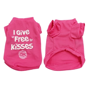 Detail view of pink cotton dog vest with I Give Free Kisses print and lip pattern