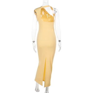 Detail view of the back cutout and slit design on this pale yellow slim fit dress