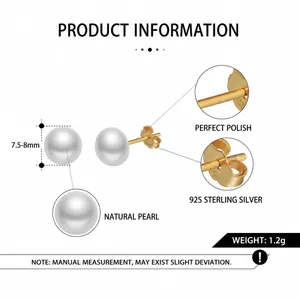 Elegant S925 sterling silver stud earrings with 7.5-8mm natural white freshwater pearls