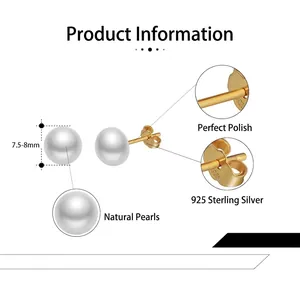 Elegant S925 sterling silver stud earrings with 7.5-8mm natural white freshwater pearls
