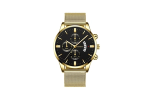 Detail of Geneva quartz watch with gold mesh strap, black dial, and calendar display