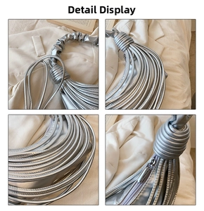 Detailed views of silver metallic pleated handbag featuring cylindrical fringe and knot handle