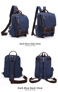 Dettaglio dello zaino in tela blu scuro con cinturini in pelle e fibbie metalliche