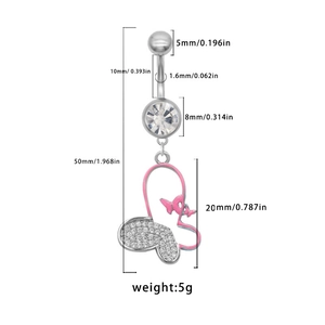 Diagramme détaillé du piercing de nombril papillon rose avec des mesures en millimètres