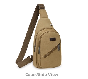 Detailed side view of khaki canvas cross-body chest bag with Sport label and adjustable strap