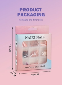 Detail view of 108pcs glossy press-on nails set in mauve with 13.1x10.6x2.1cm box size