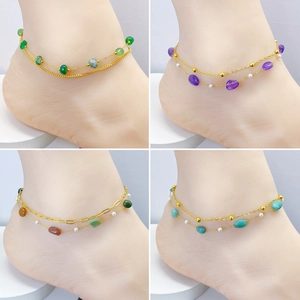 Bracelet De Cheville Double Couche Bohème Acier Titane Pierre Naturelle Faux Künstliche Perle Ajustable Chaîne Extension Été Femmes