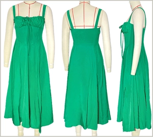 Three views of a green midi dress with ruched bust and slim waist on a mannequin