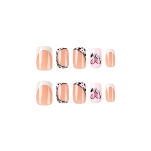 Pink and white French press-on nails with black polka dots and glitter hearts, 10-piece set