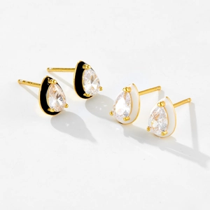 Elegant S925 silver pear-shaped zircon earrings with black and white enamel borders