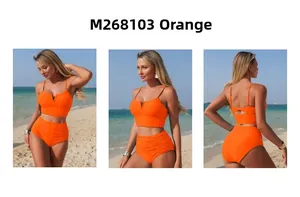 Three views of bright orange two-piece bikini with high-waisted bottoms and V-neck top