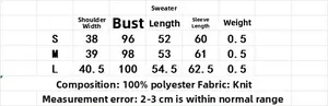 Detailed size chart for plaid knit cardigan showing measurements in S, M, and L sizes