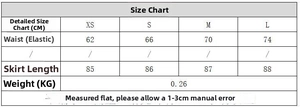 Size chart for printed tiered skirt with waist and length measurements in cm