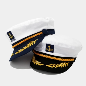 White sailor captain hats with gold embroidery and anchor patch in a two-piece set