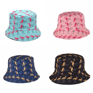 Collage of flamingo print bucket hats in light blue, pink, dark blue and black colors