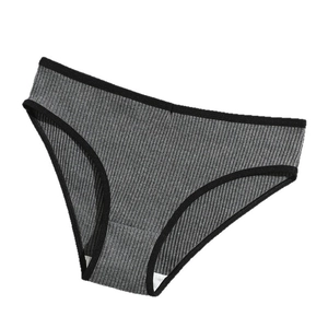 Grey cotton ribbed panties for women with black contrast trim and breathable low-waist cut