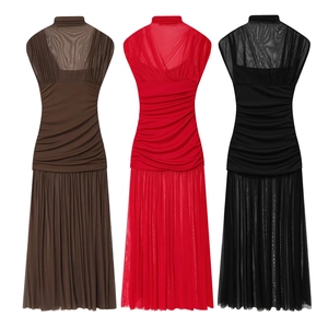 Sleeveless mesh maxi dress with high neck and pleated waist in brown, red, and black