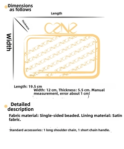 Technical diagram of luxury beaded evening bag showing 19.5x12x5.5cm dimensions and specs
