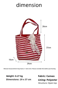 Detailed size specifications for red striped canvas tote bag with lace trim and dimensions