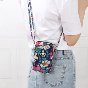 Mini Mobile Phone Bag For Women Floral Print Canvas Crossbody Shoulder Purse Multi Layer Zipper Wristlet Arm Pouch Bag