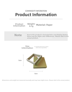 Detailed view of a 9x9cm jewelry display box with PE film showing dimensions and 6.1g weight