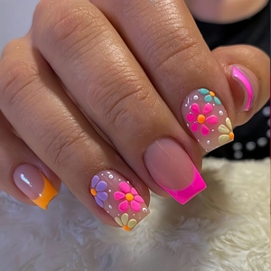 Press On Nails Medium Square Plastic Glossy False Nails Colorful Flower French Tips Wearable Full Cover Fake Nails