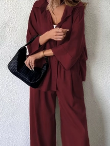 Women's burgundy two-piece loose shirt and high-waist wide-leg pants set for summer