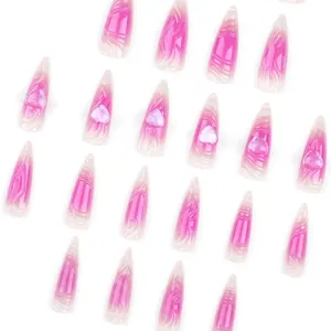 Pink 3D heart stiletto press-on nails with gradient waves and long pointed design