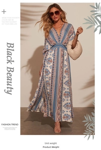 Detail of bohemian printed maxi dress with deep V-neckline and geometric floral patterns
