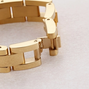 Macro shot of gold-plated stainless steel watch strap link with mechanical clasp detail