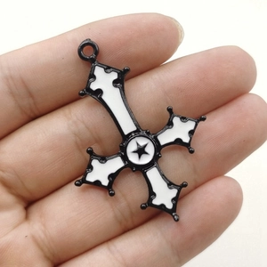 Gothic inverted cross pendant with pentagram star in black and white enamel finish