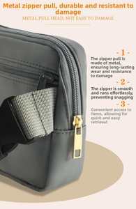 Close-up of smooth gold metal zipper and nylon strap buckle on grey crossbody bag