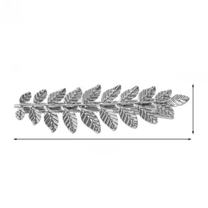 Silver metal leaf hair clip detail showing texture, weight 10g and length 9cm