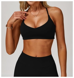 Detailed view of black v-neck sports bra with thin straps and matching high waist leggings
