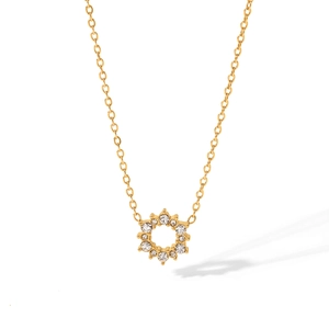 18K Gold Plated Stainless Steel Necklace For Women Round Circle Cubic Zirconia Pendant Inlaid Rhinestone Snake Chain