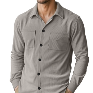 Men's grey corduroy long sleeve shirt jacket with double chest pockets and black buttons