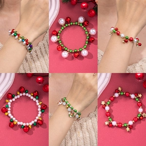 Christmas Beaded Bracelet With Bell Snowflake Reindeer Charms Alloy Faux Artificial Pearl Festive Jewelry For Women