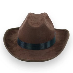 Classic dark brown faux suede western cowboy hat with wide brim and black ribbon band