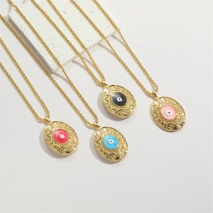 Vintage gold oval evil eye pendant necklaces in four colorful enamel finishes