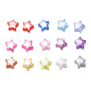 Macro shot of 15 colorful acrylic star-shaped beads in a neat 3x5 matrix on a white background