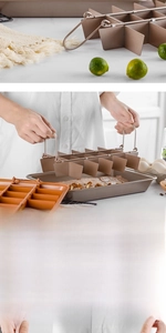 Detailed view of champagne gold brownie pan with non-stick divider and nut-topped batter