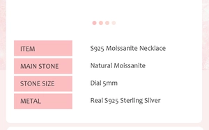 Detail showing 5mm natural moissanite and S925 sterling silver material specifications