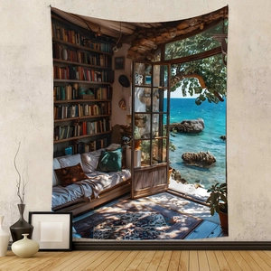Detail view of Bohemian tapestry featuring a cozy study room with a scenic ocean view