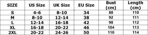 Größentabelle für V-Ausschnitt Faltenkleid mit US, UK und EU Maßen von S bis 2XL