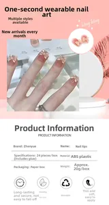 Pink press-on nail kit detail showing 24 pieces with 3D bow and size chart specs